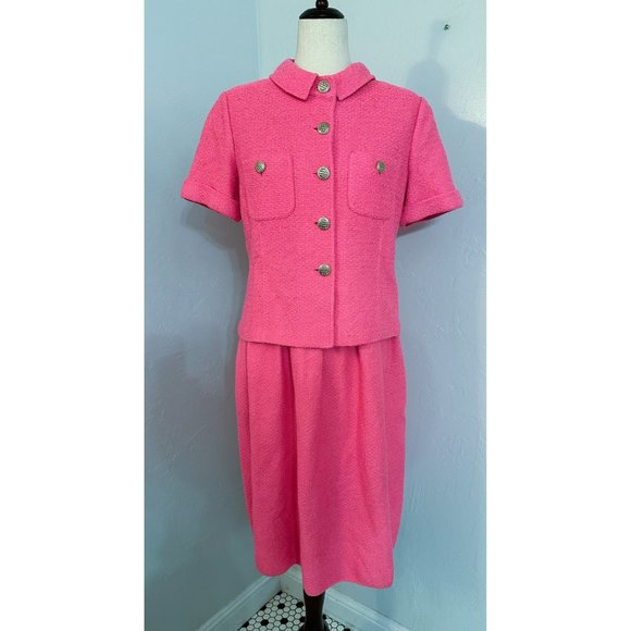 NWT St. John Electric Pink Tweed Racking Stitch Jacket & Dress Set Classic Desig
